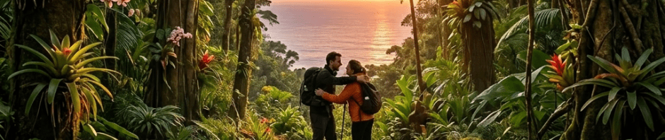 Couple hiking on a dirt path near cliffs by the ocean at sunset